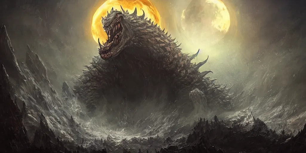 Image similar to concept art of giant kaiju, japanese, lots of teeth, melting horror, round moon, rich clouds, fighting the horrors of the unknown, mirrors, very detailed, volumetric light, mist, grim, fine art, decaying, textured oil over canvas, epic fantasy art, very colorful, ornate, anato finnstark