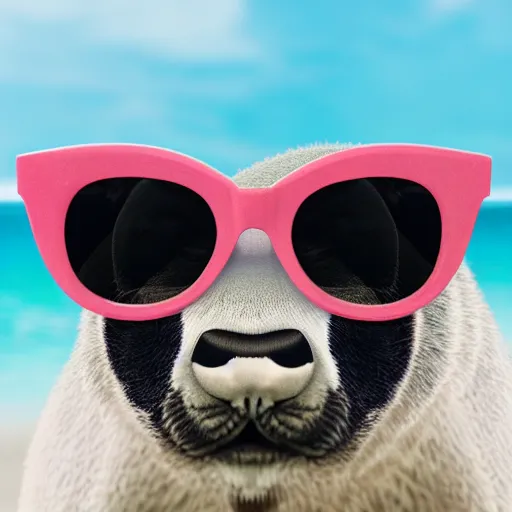 Prompt: a closeup photorealistic photograph of a cute stylish panda themed hippopotamus wearing cat-eye sunglasses at the beach during sunset. Surf in the background. This 4K HD image is Trending on Artstation, featured on Behance, well-rendered, extra crisp, features intricate detail and the style of Unreal Engine.