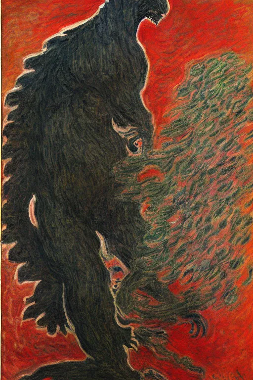 Image similar to shinzo abe with body of Godzilla painting by claude monet