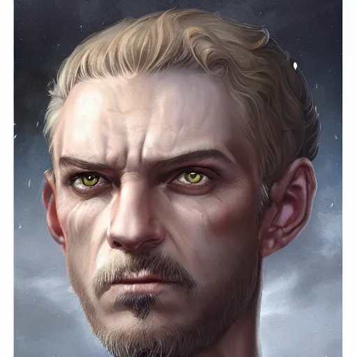 Image similar to a detailed matte head - on portrait painting of an middle - aged half - tiefling nobleman with golden eyes and short well kept hair, by charlie bowater, lise deharme, wlop, tending on arstation, dungeons and dragon, dnd, pathfinder, fanart, oil on canvas