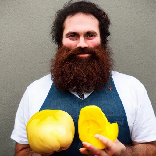 Prompt: man with beard holding a patty pan, photo