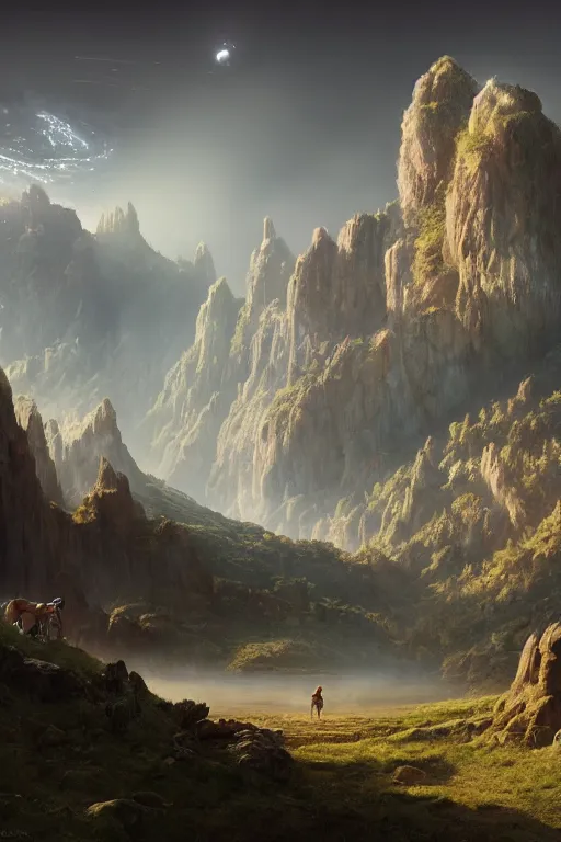 Image similar to home world of the stable diffusion ai, landscape, alex ross, eddie mendoza, raphael lacoste, sebastian ludke, concept art, matte painting, highly detailed, rule of thirds, dynamic lighting, cinematic, realism, realistic, photo real, detailed, magnificiant landscape, denoised, centerd