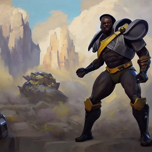 Image similar to greg manchess portrait painting of fully armored the foundation aka dwayne the rock from fortnite as overwatch character, medium shot, asymmetrical, profile picture, organic painting, sunny day, matte painting, bold shapes, hard edges, street art, trending on artstation, by huang guangjian, gil elvgren, ruan jia, greg rutkowski, gaston bussiere