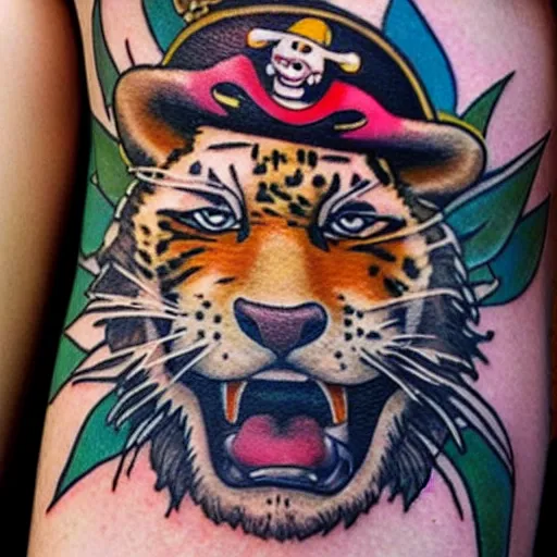 Image similar to “Tattoo of Kellogg’s Tony the Tiger wearing a pirate’s hat and eye patch”