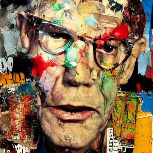 Image similar to hyperrealistic, photorealistic, mixed media oil painting of hunter s thompson, magazine scraps, plaster, blood, oil, mustard, splatter, greg rutkowski, basquiat, ralph steadman, wesley kimler, terry gilliam, andy warhol, dali