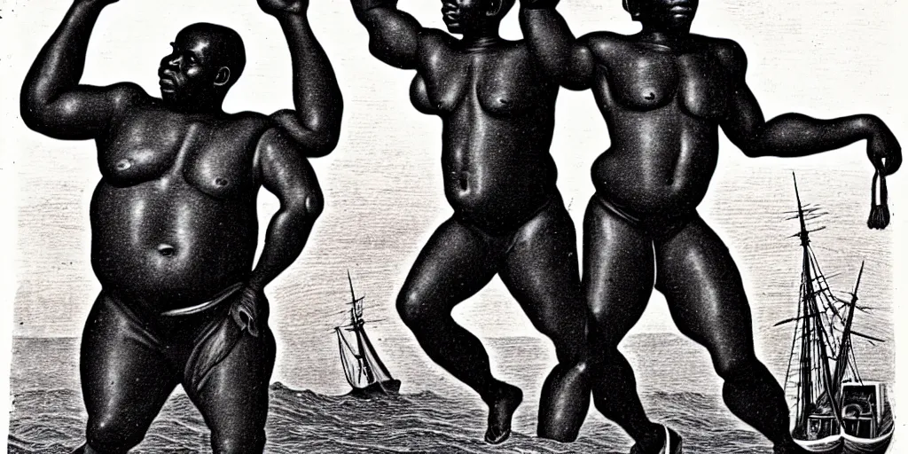 Image similar to giant african man carrying a slave - ship with his arms