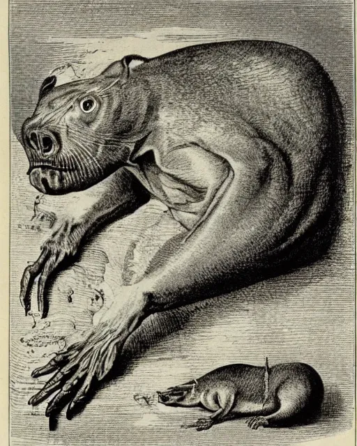 Prompt: A victorian naturalist\'s illustration of a montauk monster, anatomical notes with labels, pen and ink