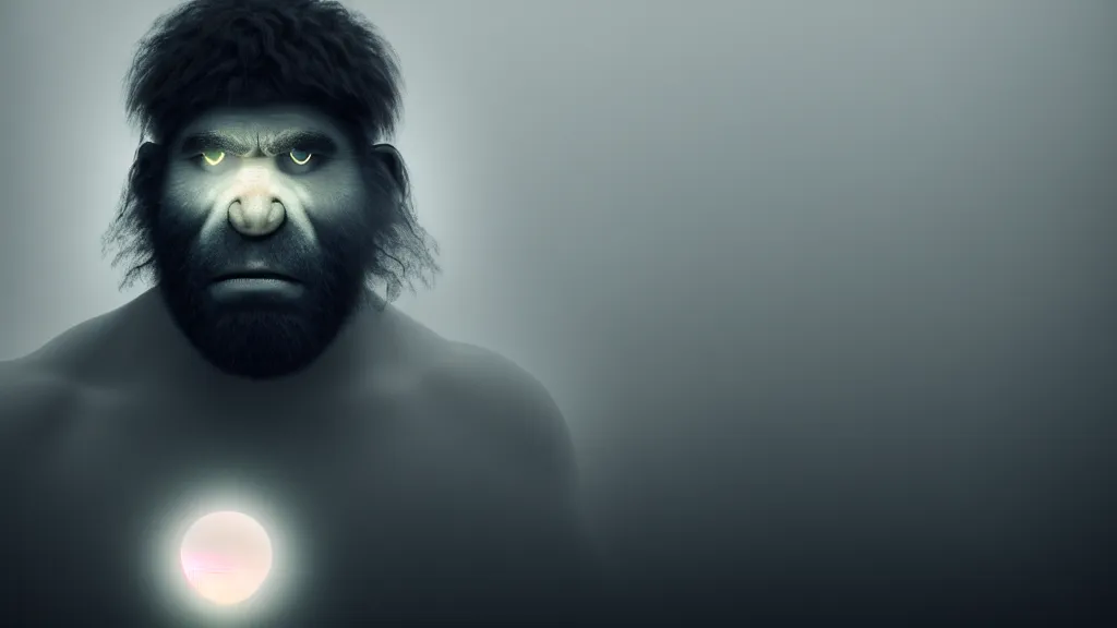 Image similar to portrait of a neanderthal man with a glowing dot above his head, fog, volumetric lighting, mystique, atmospheric, sharp focus, ultra detailed, noir art house, 4 k, cinematic, 3 5 mm