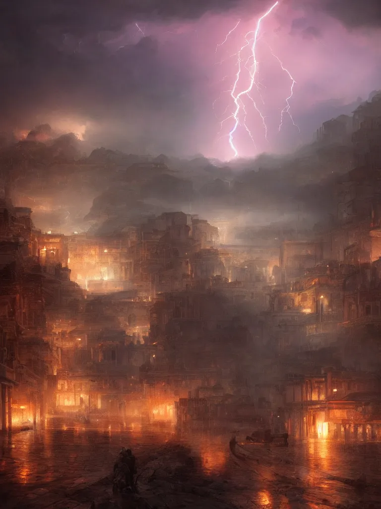 Image similar to epic scenery ancient city of troy under a sky full of lightning, intricate, elegant, volumetric lighting, digital painting, highly detailed, artstation, sharp focus, illustration, concept art, ruan jia, steve mccurry