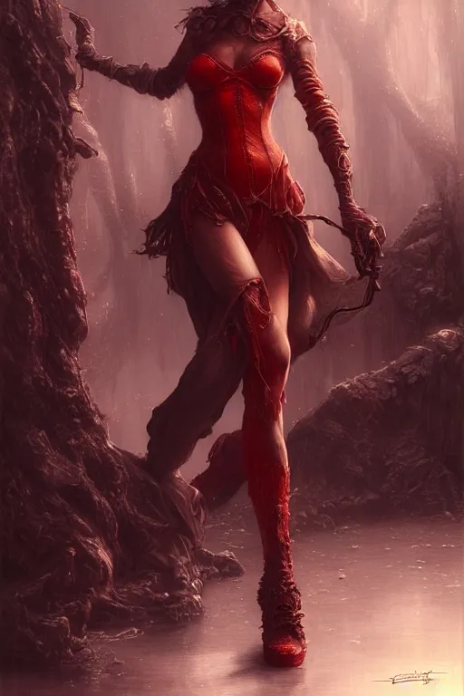 Image similar to red women's boots, shoes only, by wlop, by luis royo, by peter mohrbacher, concept art, digital illustration, intricate, masterpiece, elegant, super detailed, unreal engine rendering, smooth, sharp focus, artstation hq