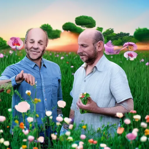 Prompt: a man is white and balding, and middle aged, and the other man is latino and skinny, together in a field of flowers at sunset, realistic, intricate, 4k