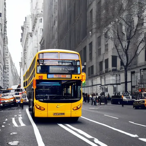 Prompt: a typical london bus colliding with a gigantic nike air max 9 0 in the 5 th avenue, new york, realistic, by origiful, 4 k