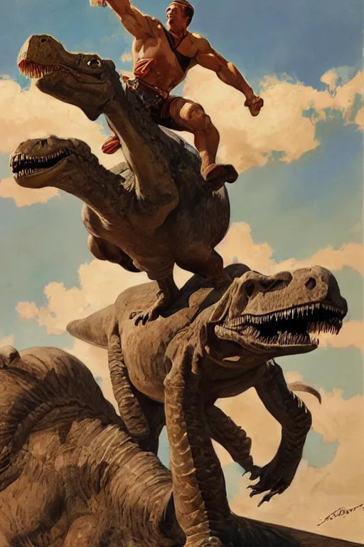 Prompt: strong man riding a dinosaur, by j. c. leyendecker, james gurney