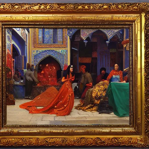 Prompt: an oil painting in the style of orientalism of dragons on display in a dragon auction in the grand bazaar of isfahan by edwin lord weeks