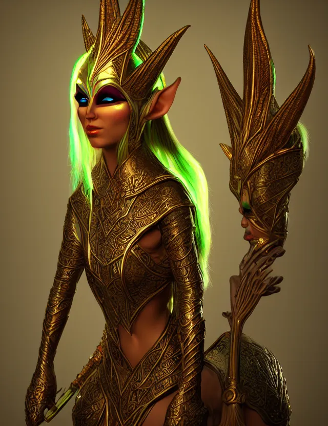 Prompt: elven masked deity. this 3 d render by an indie artist has an interesting color scheme, plenty of details and impeccable lighting.