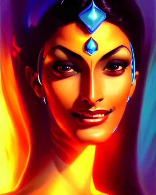 Image similar to symmetra from overwatch, fantasy, fantasy art, fantasy, colorful, elegant, character portrait, portrait, close up, highly detailed, intricate detail, amazing detail, sharp focus, vintage fantasy art, vintage sci - fi art, radiant light, caustics, by boris vallejo