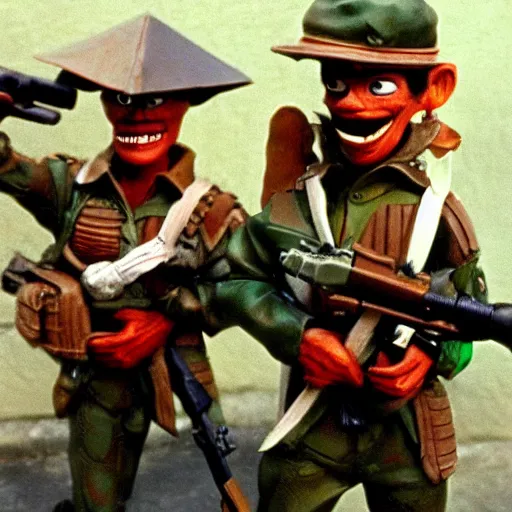 Prompt: small soldiers, 1970s Vietnam war street performers