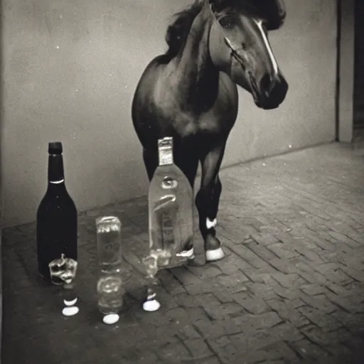 Image similar to A Diane Arbus photograph of a horse with a man's head in clown makeup, piles of empty liquor bottles