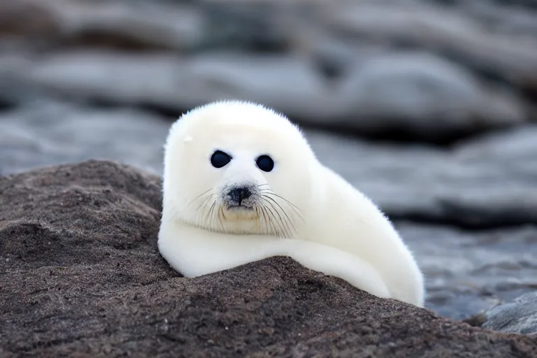 Image similar to adorable baby harp seal on a rocky beach,