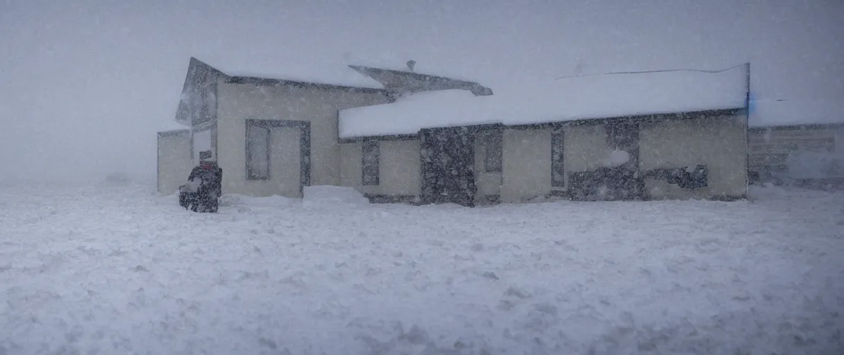 Image similar to a high quality color closeup hd 4 k film 3 5 mm photograph of very heavy snow storm blizzard in desolate antarctica, the faint barely visible silhouette of a bulky man is inside the blizzard