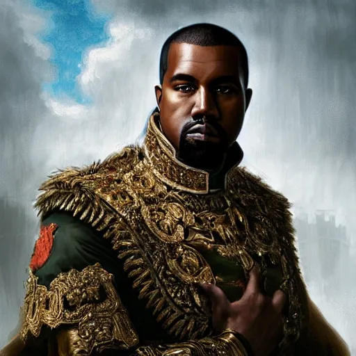 Image similar to Portrait of Kanye West as emperor napoleon, amazing splashscreen artwork, splash art, head slightly tilted, natural light, elegant, intricate, fantasy, atmospheric lighting, cinematic, matte painting, by Greg rutkowski