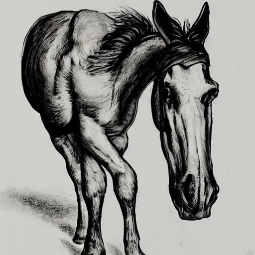 Image similar to horse and a large chicken standing back to back, in a cool pose, childhood illustration, friendly, pen and ink