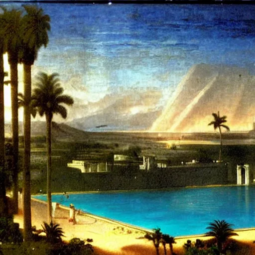 Image similar to The biggest palace ever made, thunderstorm, greek pool, beach and palm trees on the background major arcana sky, by paul delaroche, magazine photo from 2007, hyperrealistic 8k, very detailed