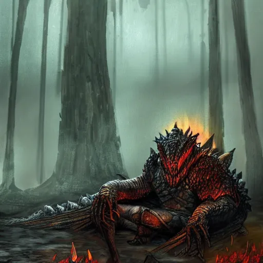 Image similar to Ancient Dragon boss from dark souls 2 sleeping near a camp fire, evening time, fog, heavy rain, rain water reflections in ground, digital illustration, crisp details, highly detailed art, 8k image quality, full body camera shot