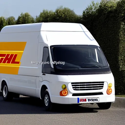 Prompt: A white commercial van designed and produced by Ferrari, with DHL livery promotional photo