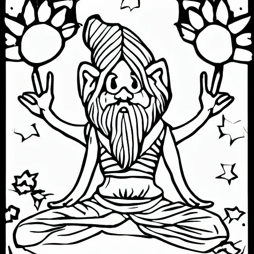 Image similar to gnome yoga poses coloring book page, high detail