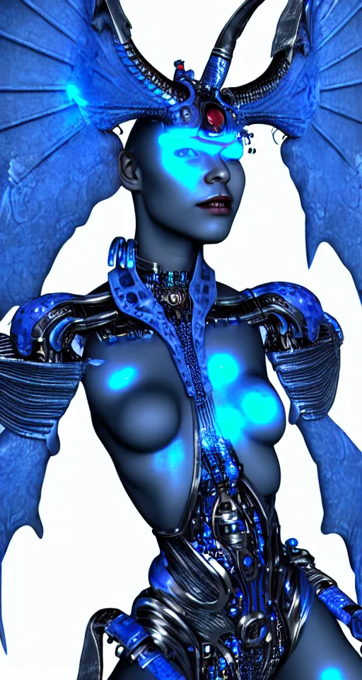 Image similar to portrait of a cyborg woman with metal wings a blue dragon scale, trending artstaition, unreal engine