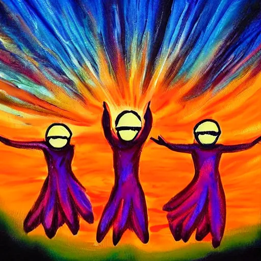 Prompt: a spiritual painting of three orange glowing people rising into the sky, inspiring, beautiful, brightly colored, paranormal