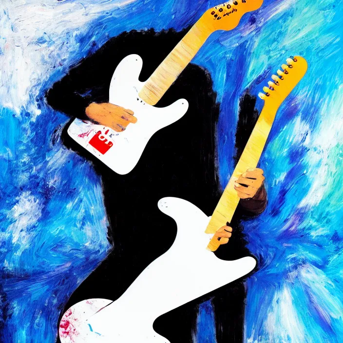 Image similar to abstract, a young korean male musician wearing black tank top holding a telecaster!!! electric guitar!! explodes in abstract, thick flowing dramatic brush strokes, strong wind, white background, matte colors, impressionist, extreme motion, trending on artstation