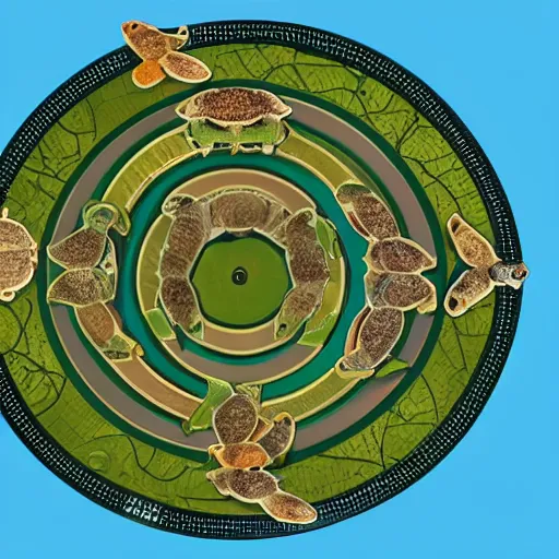 Image similar to a stack of turtles beneath a round disc map