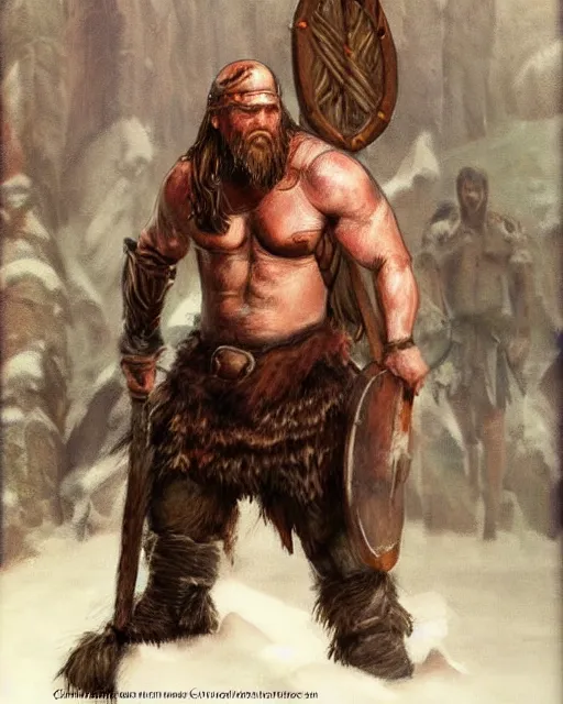 Prompt: realistic full body painting of viking barbarian, winter, epic, gwent, steve huston style newell convers wyeth,