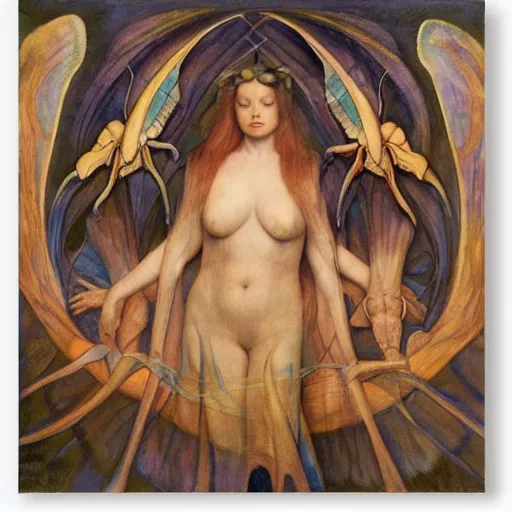 Prompt: moths attending their queen, by Annie Swynnerton and Diego Rivera and Evelyn De Morgan, symbolist, dramatic lighting, elaborate geometric ornament, god rays, soft cool colors,smooth, sharp focus, extremely detailed, Adolf Wölfli