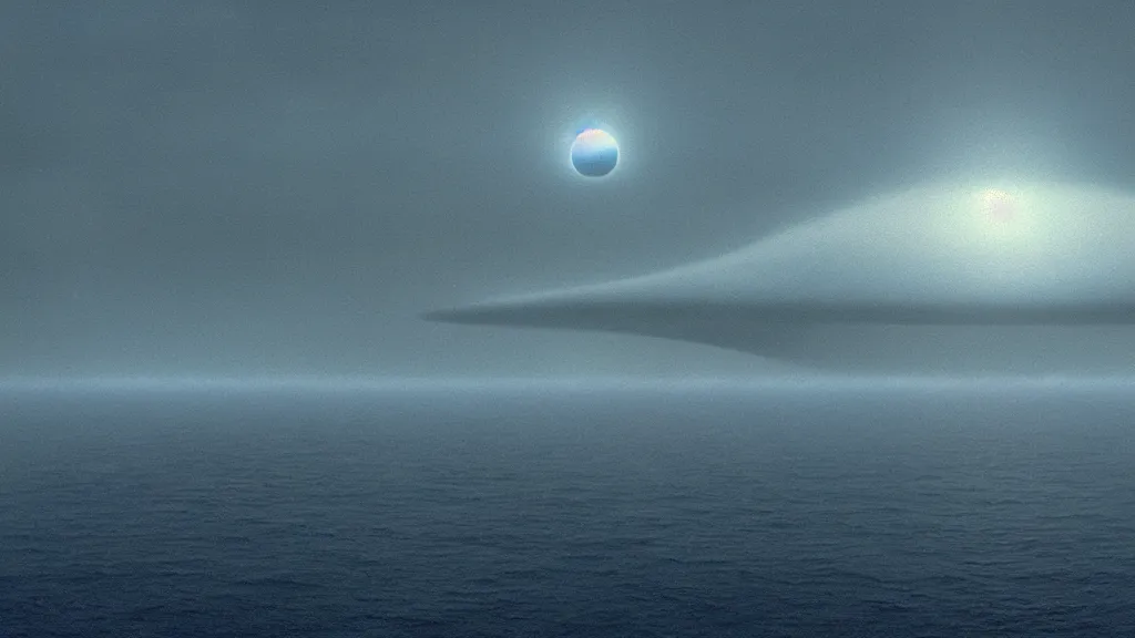 Image similar to a spherical white spaceship hovers over Earth's oceans near the Cliffs of Dover at Dusk, film still from the movie directed by Denis Villeneuve with art direction by Zdzisław Beksiński, wide lens