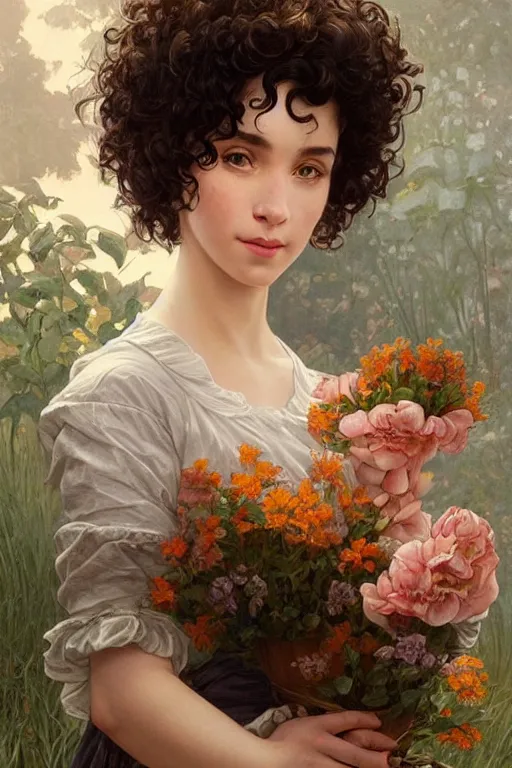 Image similar to beautiful cottagecore of a girl with short black curly hair, round face, cute face, holding a salmon-coloured vase. intricate, elegant. highly detailed, digital painting, artstation, concept art, smooth, sharp, focus, illustration. . art by artgerm and greg rutkowski and alphonse mucha