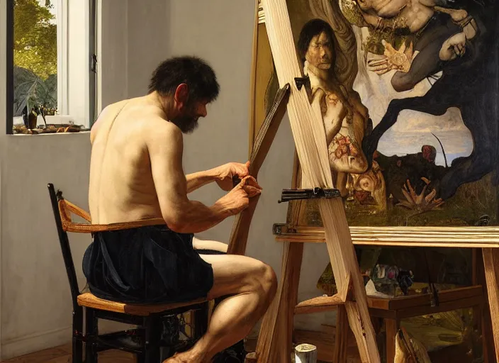 Image similar to a painter in his studio painting a picture of wojak memes, by edgar maxence and caravaggio and michael whelan and delacroix style, artistic, intricate drawing, cinematic lighting, hyper realistic, extremely detailed, establishing shot, 8 k resolution, dramatic lighting