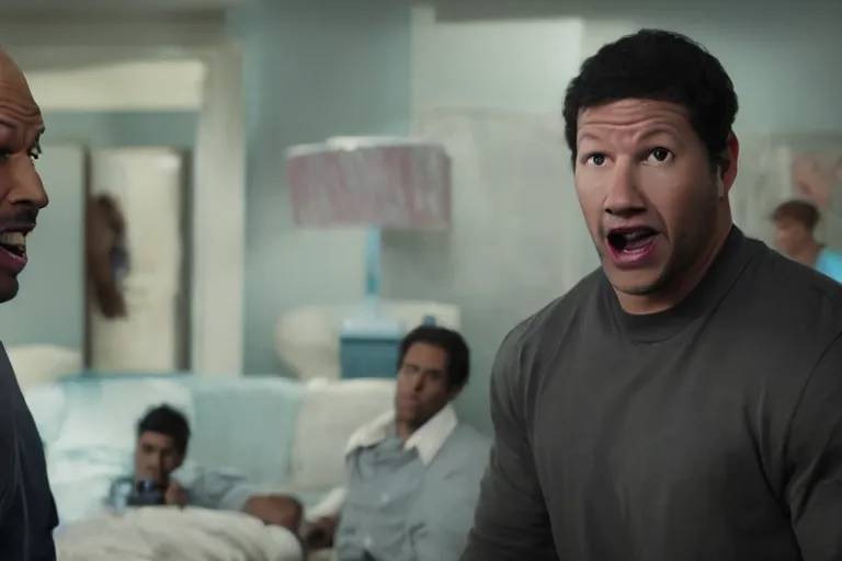 Prompt: key and peele as mark wahlberg and matt daemon, all faces are distorted contorted, shock, repulsion, disgust, frustration, annoyance, laughter, smirk, snicker, cinematic still, movie still, long lens, shallow depth of field, bokeh, anamorphic lens flare, 8 k