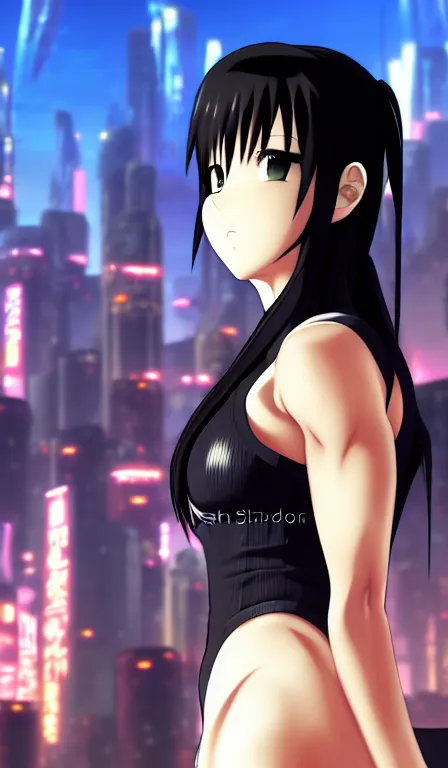 Image similar to anime fine details portrait of Tifa Lockhart in front of cyberpunk moder city landscape on the background deep bokeh, close-up view, anime masterpiece by Studio Ghibli. 8k, sharp high quality anime, artstation