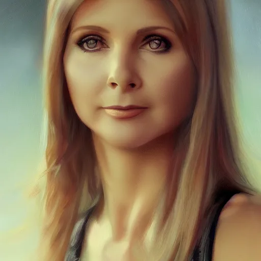 Image similar to An enchanting portrait of Olivia Newton John, evening, detailed matte painting, cinematic, Alan Lee, Artstation