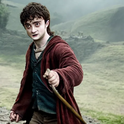 Image similar to Daniel Radcliffe as Frodo, cinematic film still