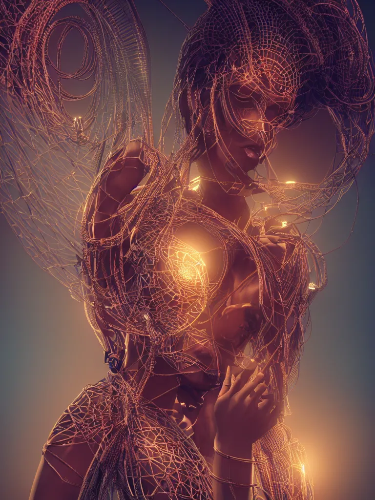 Prompt: a centered render of an alluring mystical tribal goddess adorned with cables and synthesizer parts is surrounded by sacred geometry, full body, gorgeous face, perfect face, powerful, cinematic, beautifully lit, by viktoria gavrilenko, 3 d, trending on artstation, octane render, 8 k