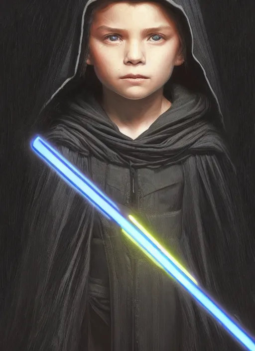 Image similar to perfectly - centered - portrait of a kid wearing black cloak holding light saber, intricate, highly detailed, digital painting, artstation, concept art, smooth, sharp focus, illustration, unreal engine 5, 8 k, art by artgerm and greg rutkowski and alphonse mucha and sam spratt