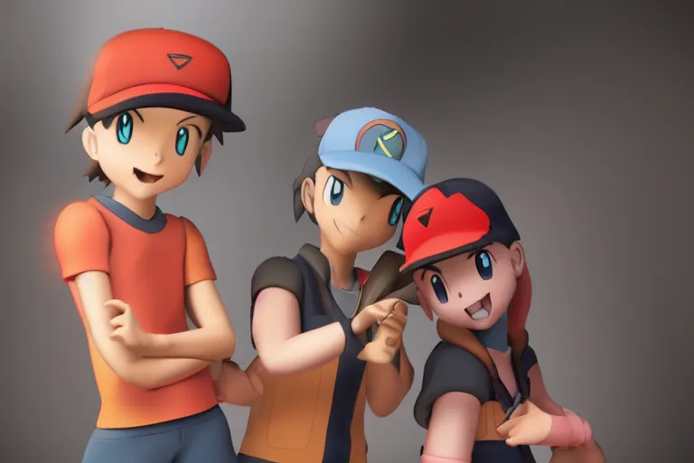 Prompt: render of Ash Misty and Brock from Pokémon, soft lighting