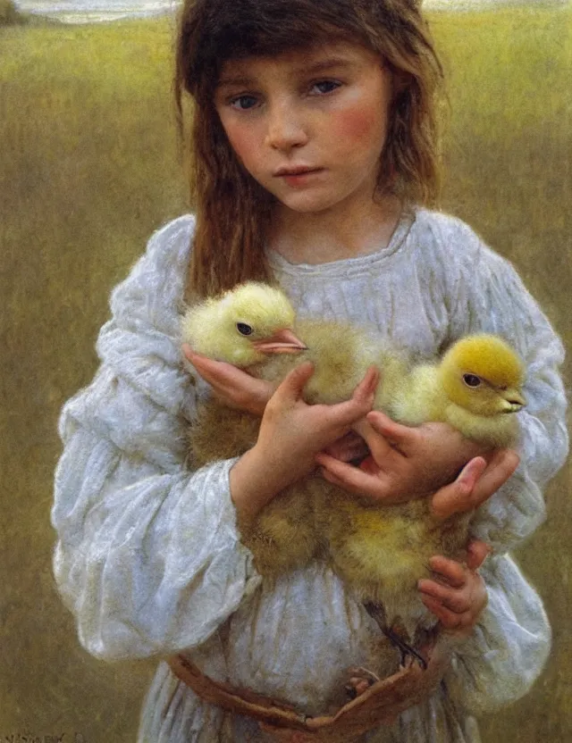 Prompt: portrait of little peasant girl holding chick in her hands, cottage core, cinematic focus, polaroid photo bleached vintage pastel colors high - key lighting, soft lights, foggy, by steve hanks, by lisa yuskavage, by serov valentin, by tarkovsky, 8 detailed, oil on canvas