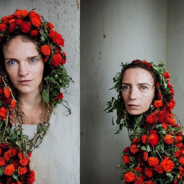 Prompt: a closeup portrait of a woman wearing a hooded cloak made of zinnias and barbed wire, in a derelict house, by Olivia Bee, natural light, detailed face, CANON Eos C300, ƒ1.8, 35mm, 8K, medium-format print