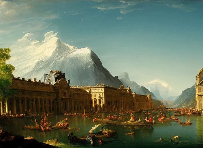 Prompt: painting of the louvre museum in front of beautiful mountains by thomas cole