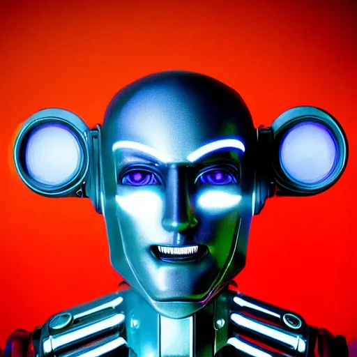 Prompt: a robot with the face of walt disney, cyberpunk photo, award winning portrait, uncanny valley, dynamic lighting, detailed face, sharp focus, cinestill 8 0 0 t, sci fi book cover, retro futurism